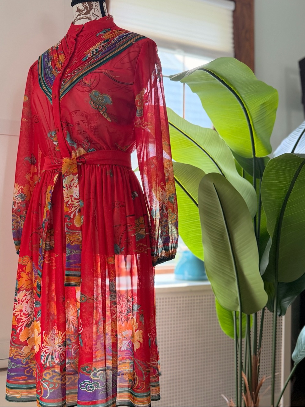 Red Floral Sheer Long-Sleeve Midi Dress with Self-Tie Belt
